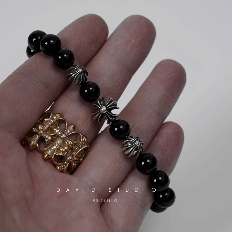 Chrome Hearts Onyx Bead Bracelet 8MM (4 Silver Beads)