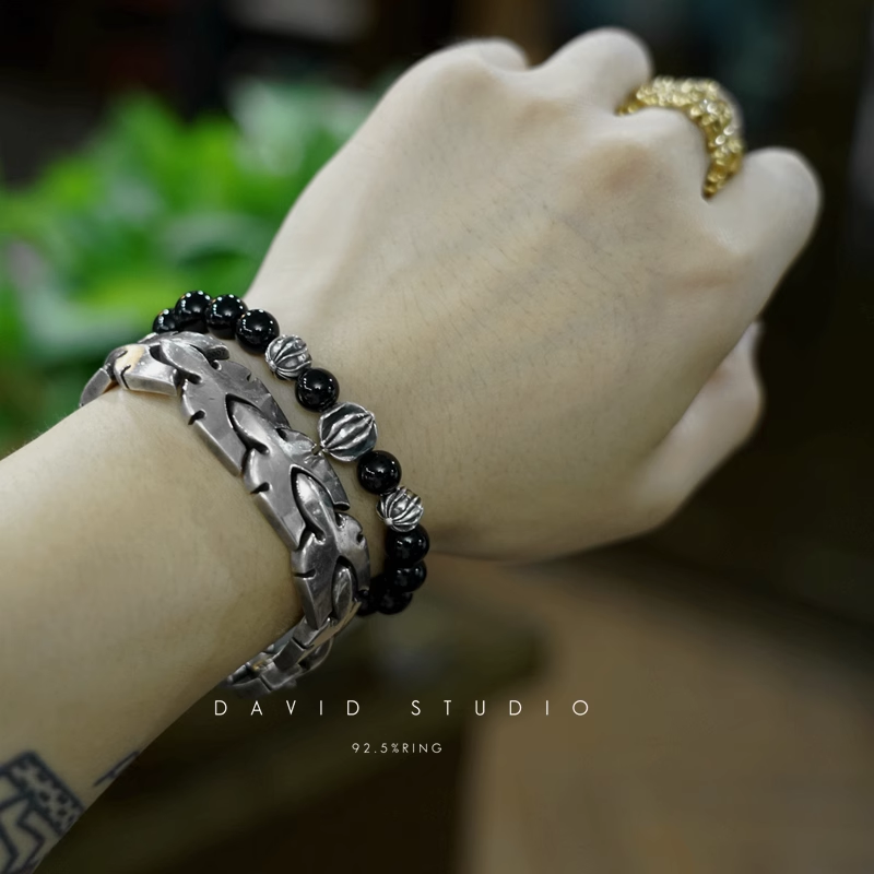 Chrome Hearts Onyx Bead Bracelet 8MM (4 Silver Beads)