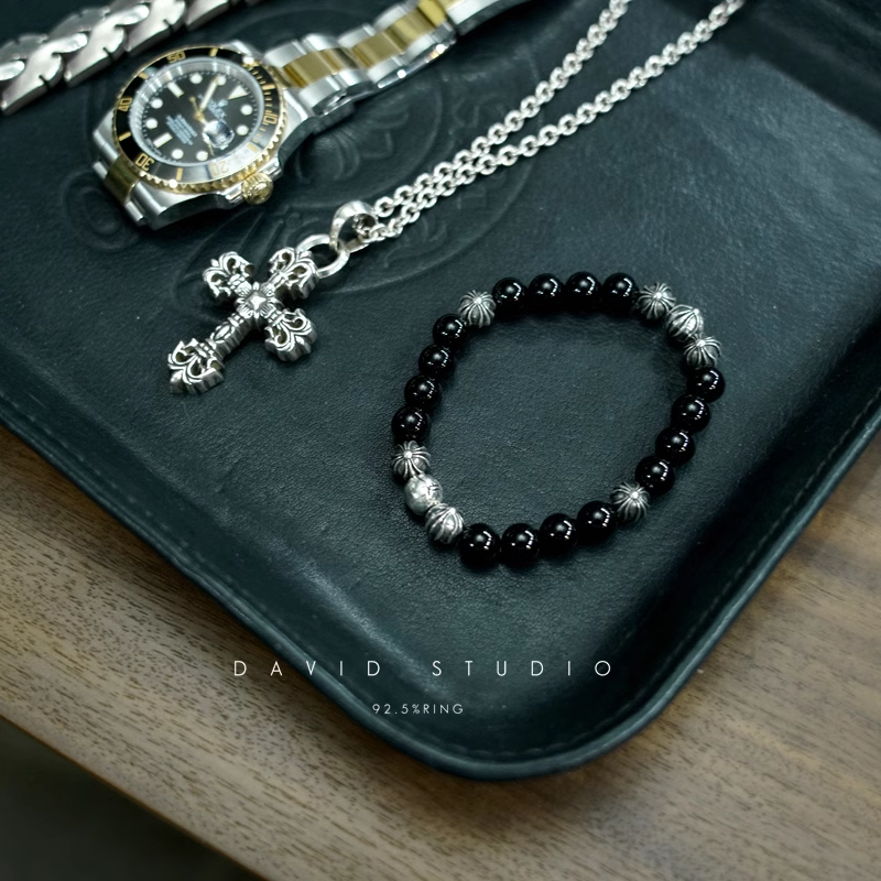 Chrome Hearts Onyx Bead Bracelet 8MM (8 Silver Beads)