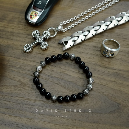 Chrome Hearts Onyx Bead Bracelet 8MM (8 Silver Beads)