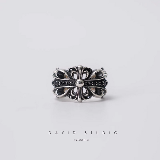 Chrome Hearts Double Floral Ring With Black Diamonds