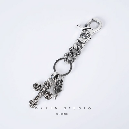 Chrome Hearts Fancy Link Key Chain With XS Filigree Cross And Dagger Key Ring