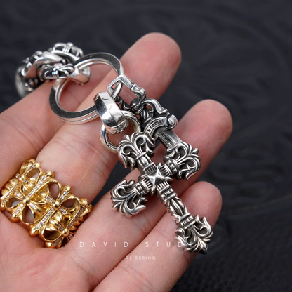 Chrome Hearts Fancy Link Key Chain With XS Filigree Cross And Dagger Key Ring