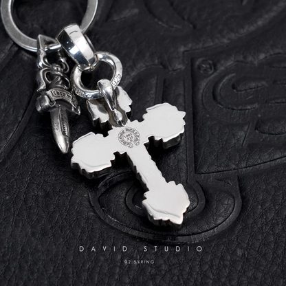 Chrome Hearts Fancy Link Key Chain With XS Filigree Cross And Dagger Key Ring