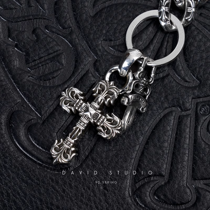 Chrome Hearts Fancy Link Key Chain With XS Filigree Cross And Dagger Key Ring