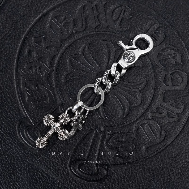 Chrome Hearts Fancy Link Key Chain With XS Filigree Cross And Dagger Key Ring