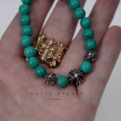 Chrome Hearts Turquoise Bead Bracelet 8MM (4 Silver Beads)