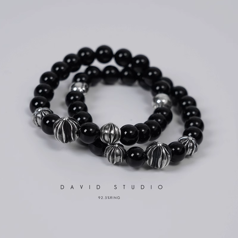 Chrome Hearts Onyx Bead Bracelet 8MM (4 Silver Beads)