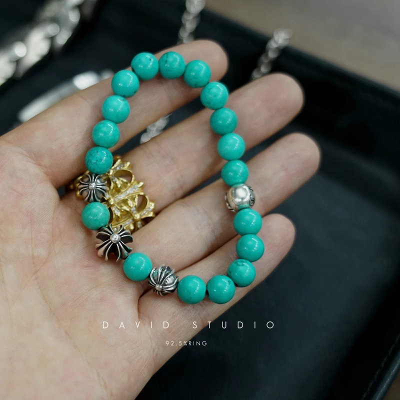 Chrome Hearts Turquoise Bead Bracelet 8MM (4 Silver Beads)