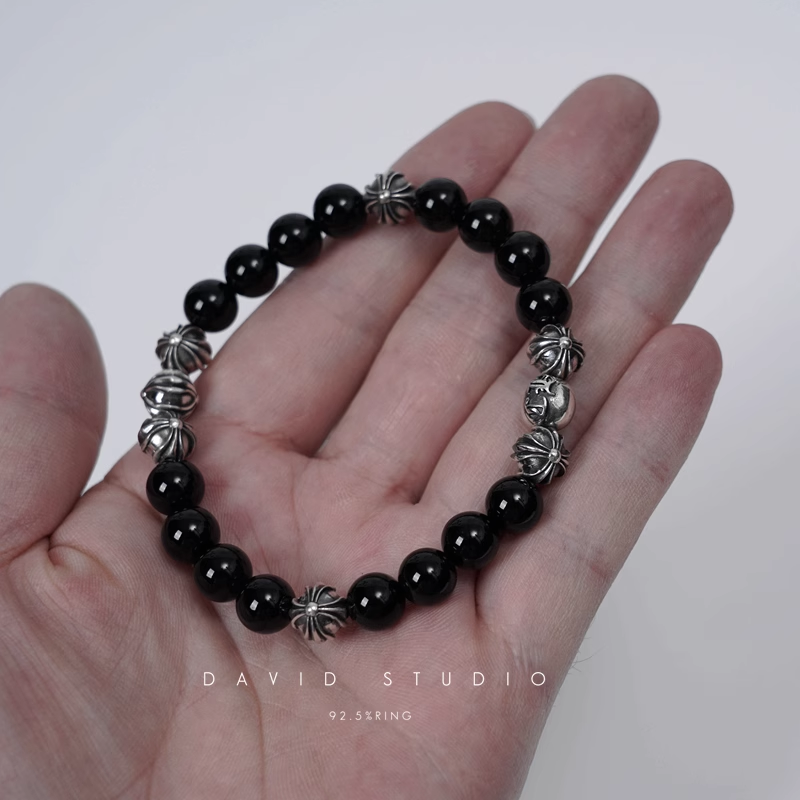 Chrome Hearts Onyx Bead Bracelet 8MM (8 Silver Beads)