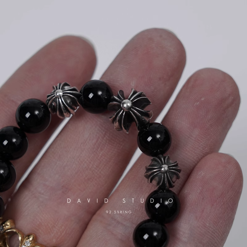 Chrome Hearts Onyx Bead Bracelet 8MM (4 Silver Beads)