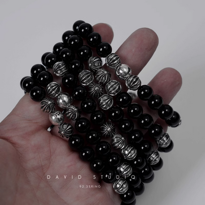 Chrome Hearts Onyx Bead Bracelet 8MM (8 Silver Beads)