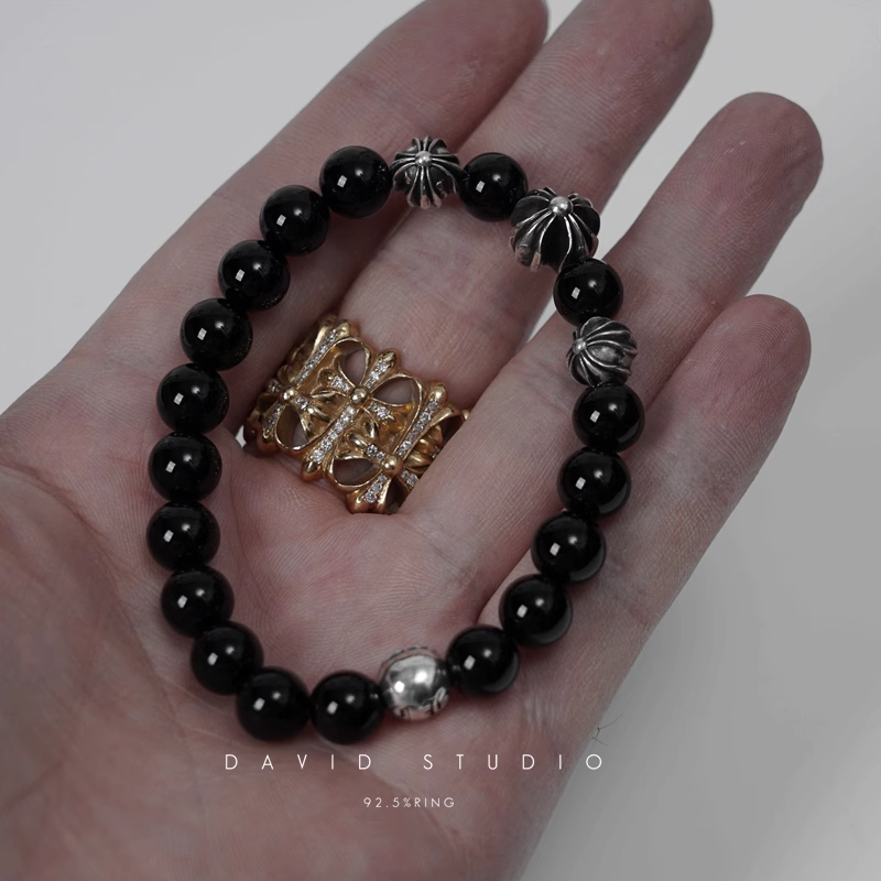 Chrome Hearts Onyx Bead Bracelet 8MM (4 Silver Beads)